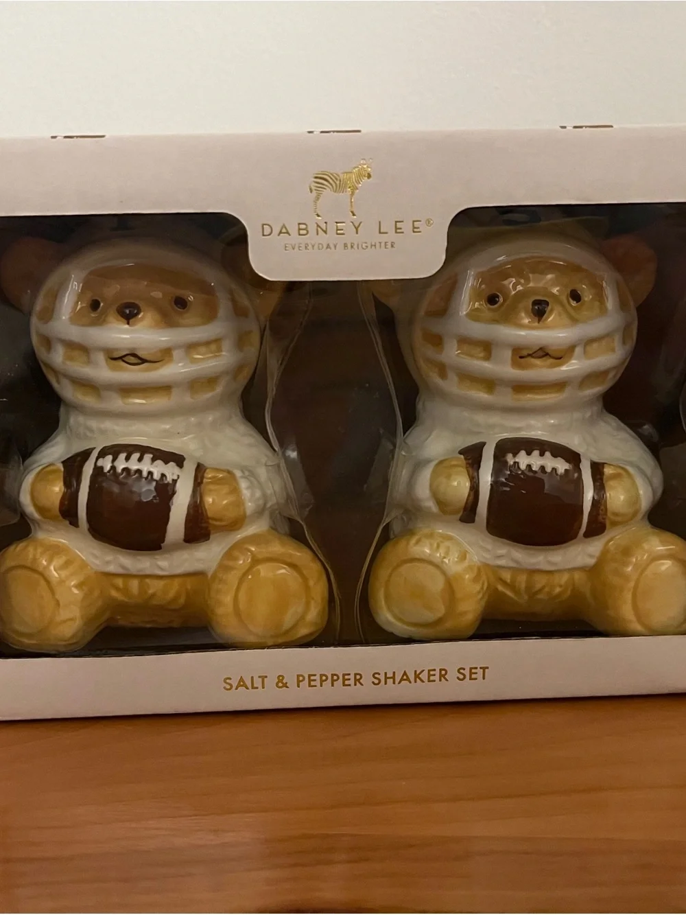 Dabney Lee Ceramic Football Bear Salt & Pepper Shakers - New